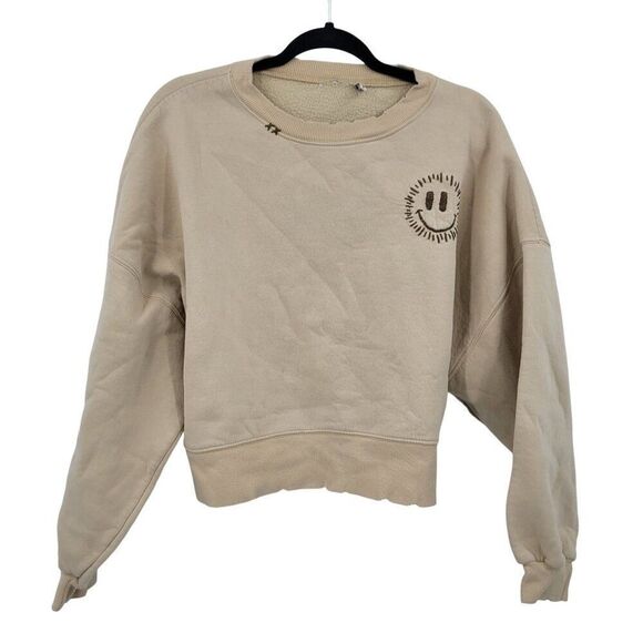 ASOS Design Womens Tan Distressed Smiley Embroidered Sweatshirt Sz 6 Loungewear - Picture 1 of 12